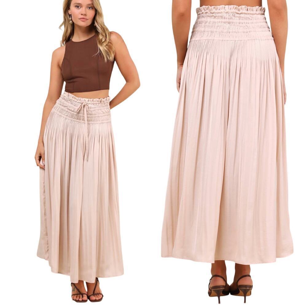 Lulus Maina Beige Plisse Drawstring High-Rise Maxi Skirt size XS NWT